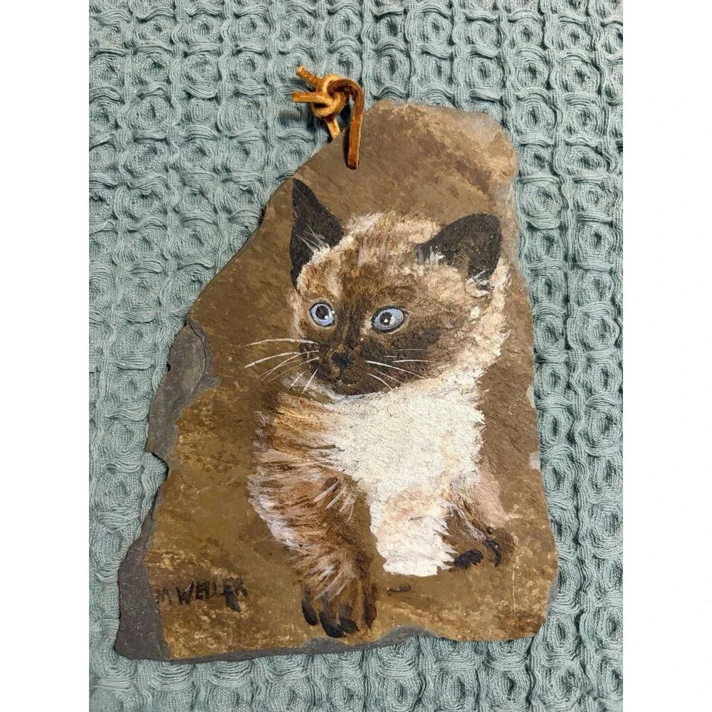 Vintage Siamese Cat Painting Rock Canvas Signed Blue Eye Kitten Art Wall Hanging